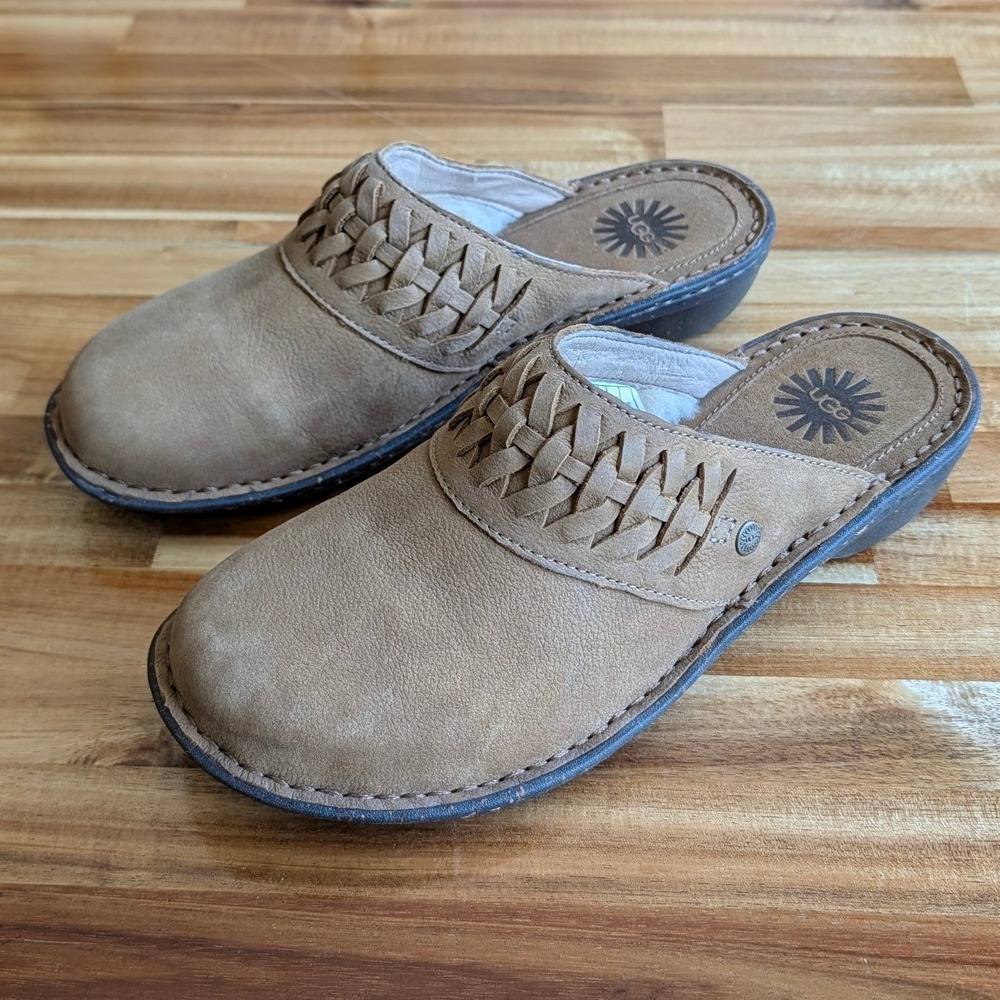 UGG Australia Tan Leather Woven Mules Clogs Lined Brown Women's Size 8